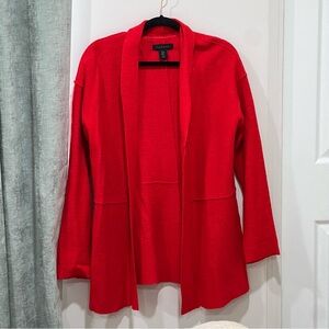 Tahari red wool blend mid-length open cardigan jacket.